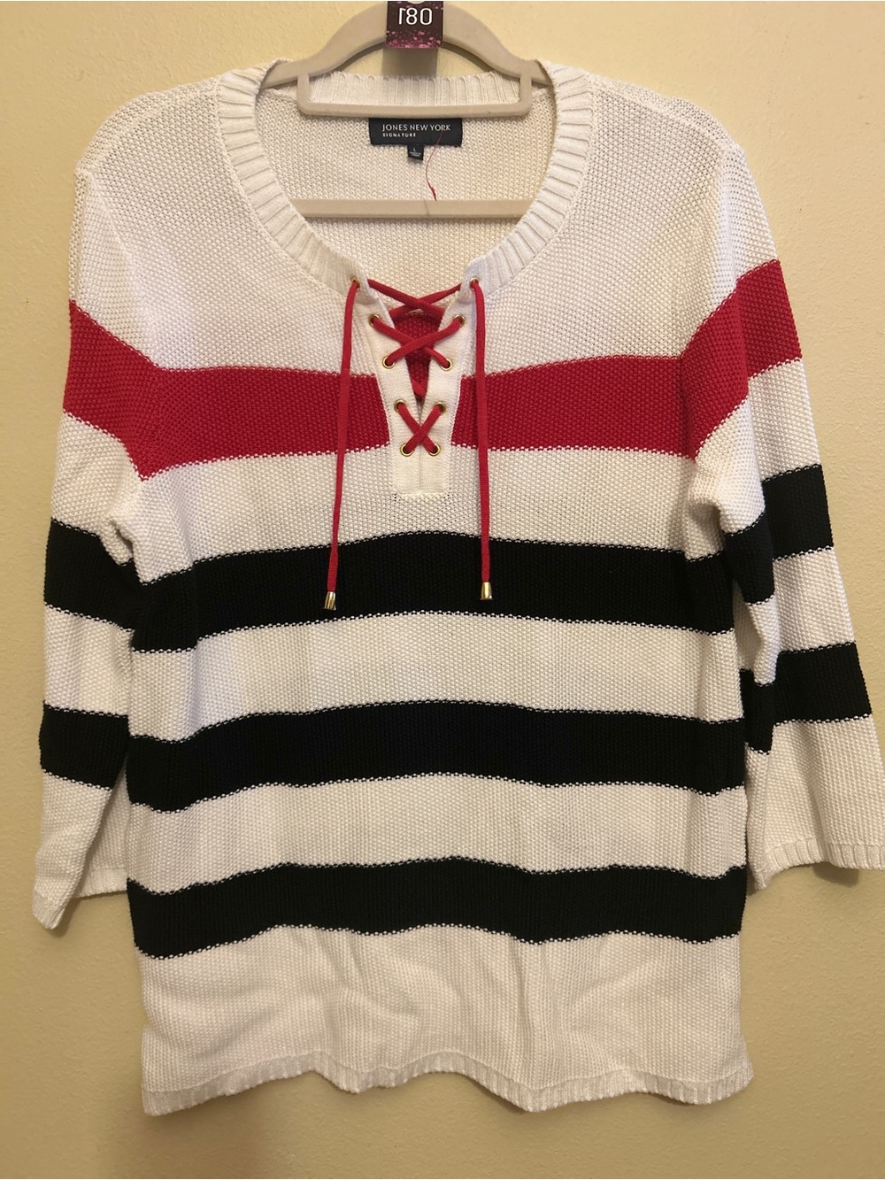 Jones New York White Sweater with Red Lace-Up and Black Stripes Coastal Woven
